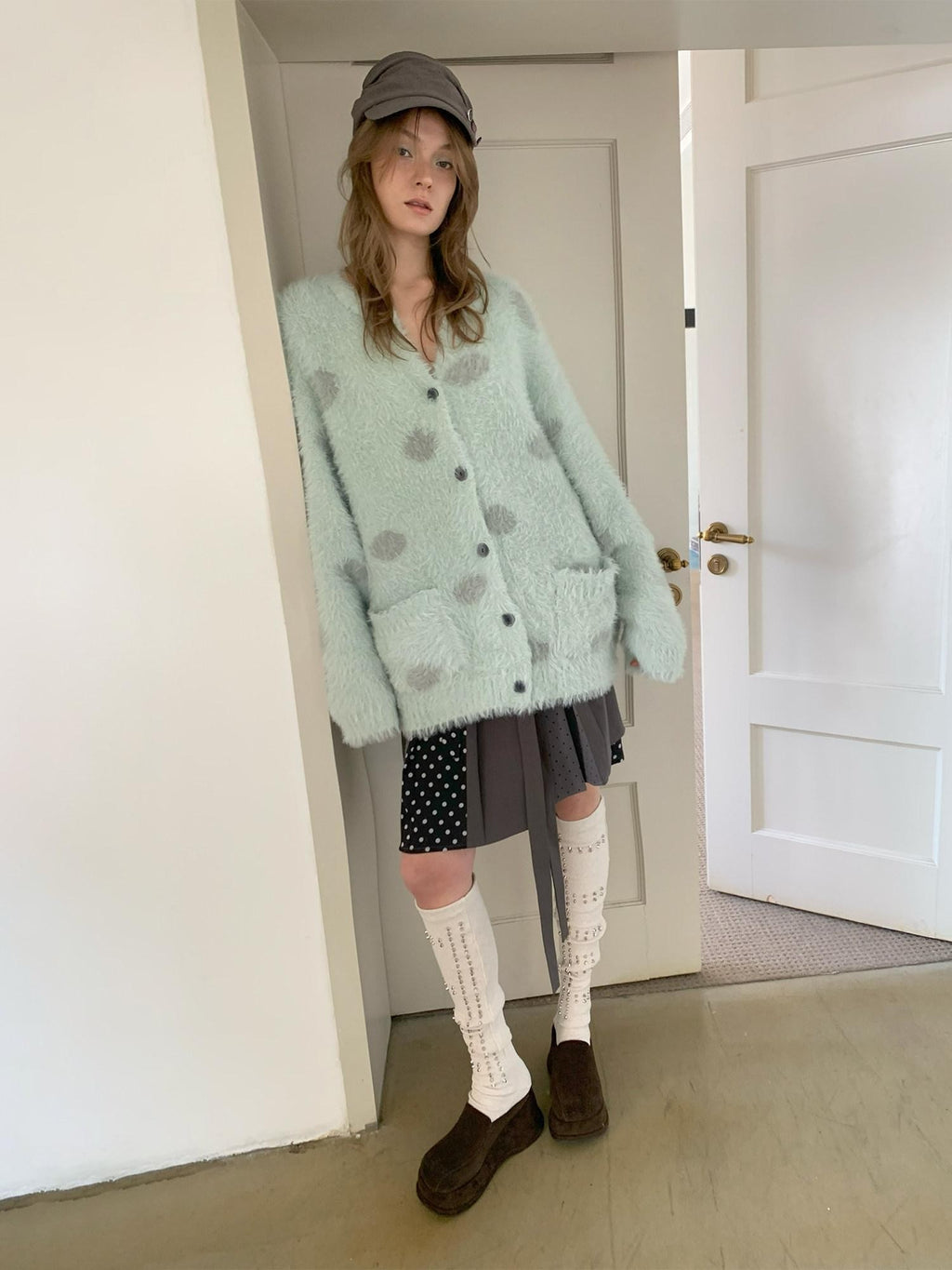 UNIVERSE Mint Green Polka Dot Faux Mink Soft Loose Knit Button Women's Nylon Cardigans