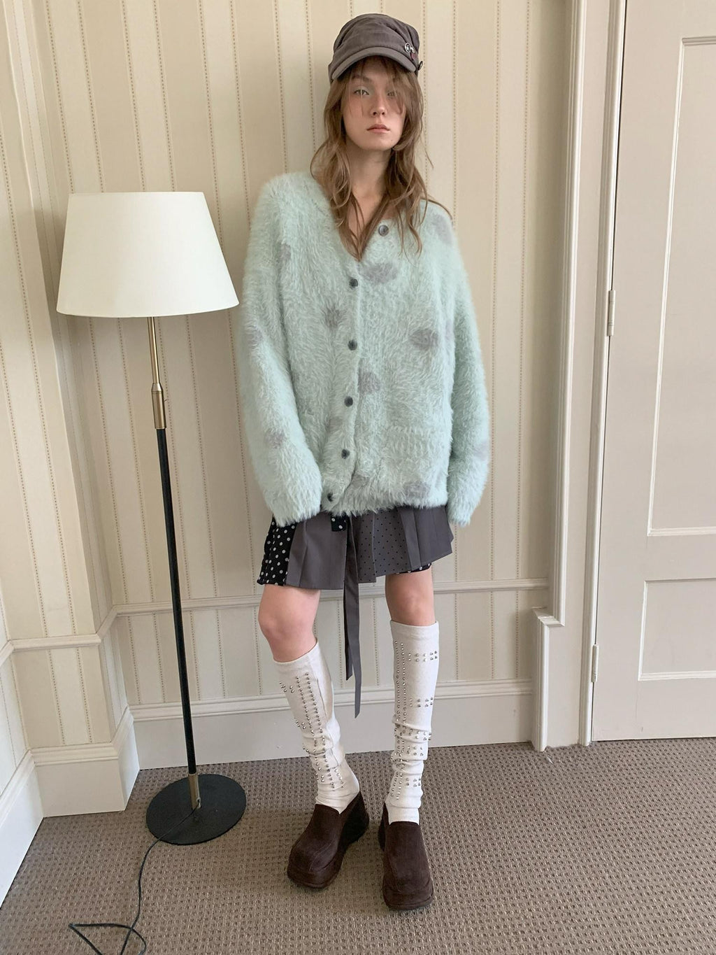 UNIVERSE Mint Green Polka Dot Faux Mink Soft Loose Knit Button Women's Nylon Cardigans