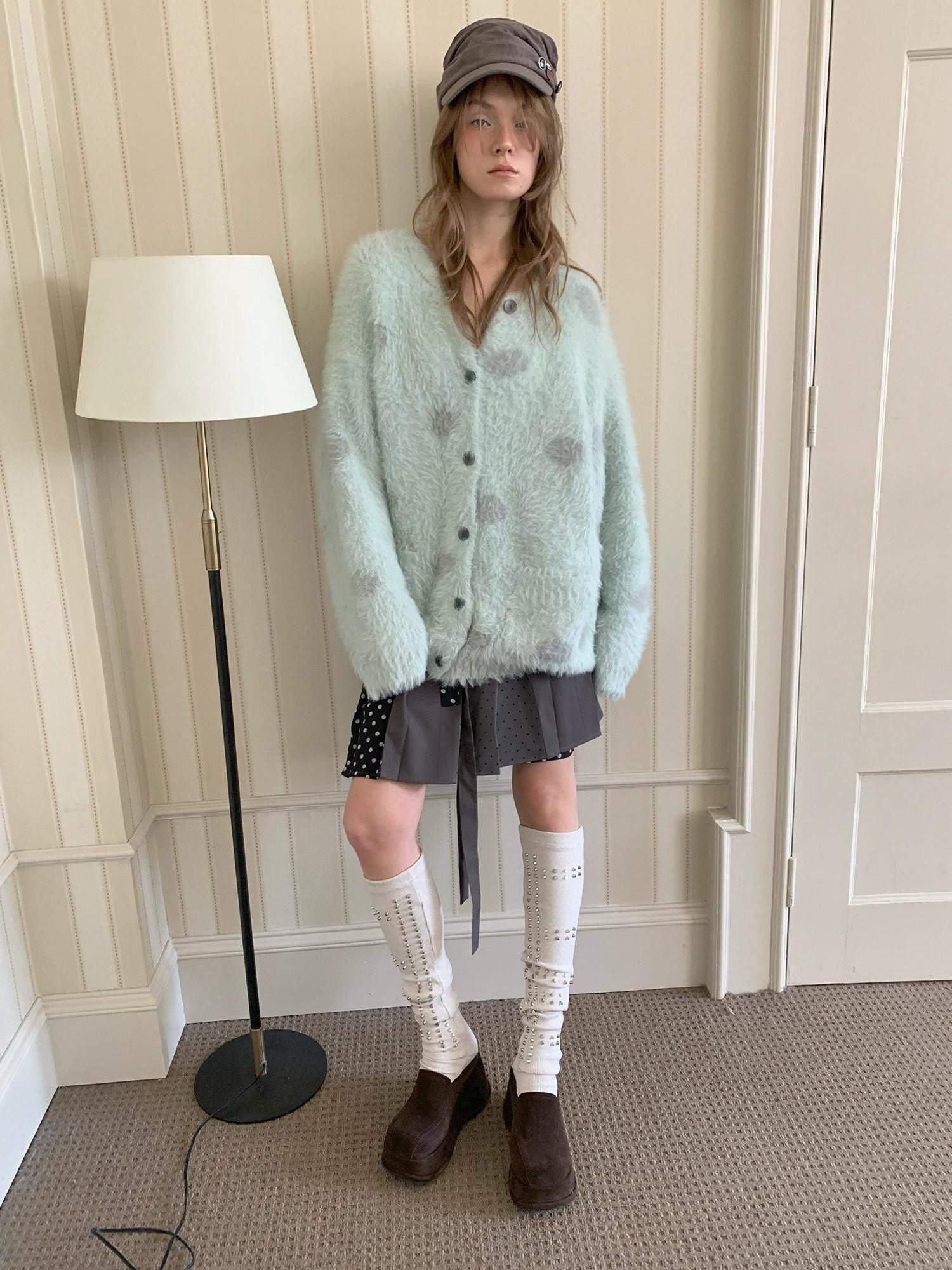 UNIVERSE Mint Green Polka Dot Faux Mink Soft Loose Knit Button Women's Nylon Cardigans