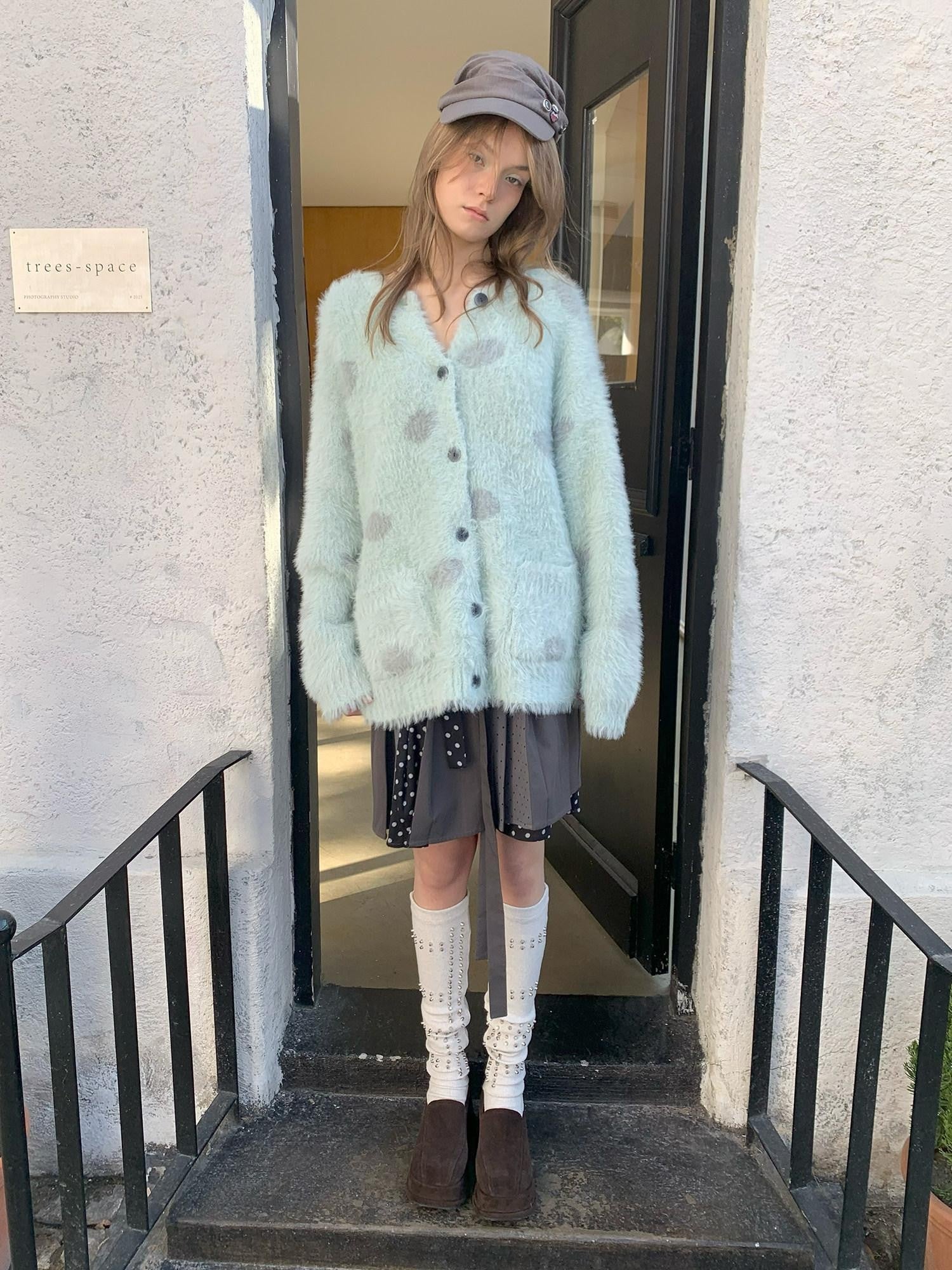 UNIVERSE Mint Green Polka Dot Faux Mink Soft Loose Knit Button Women's Nylon Cardigans