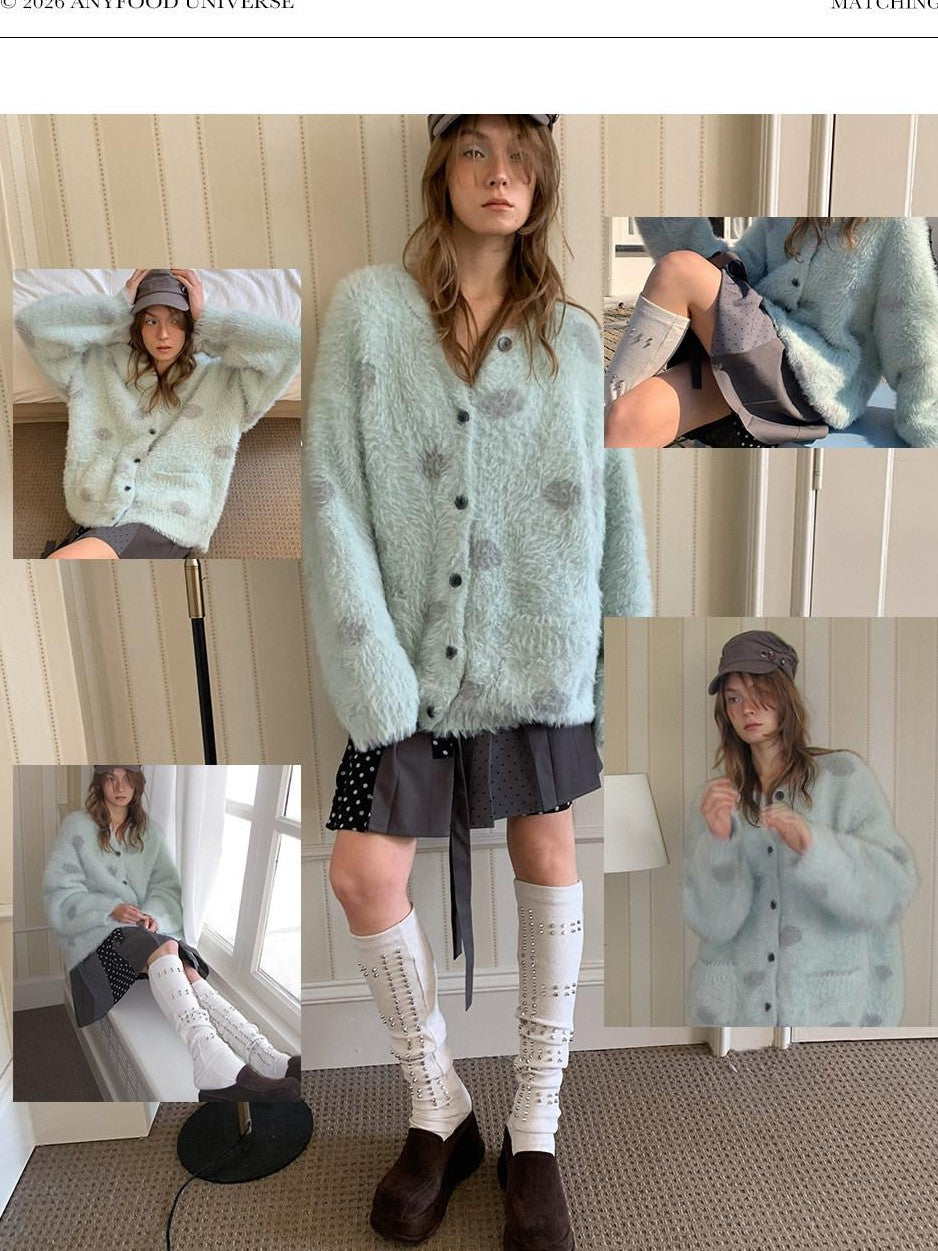 UNIVERSE Mint Green Polka Dot Faux Mink Soft Loose Knit Button Women's Nylon Cardigans