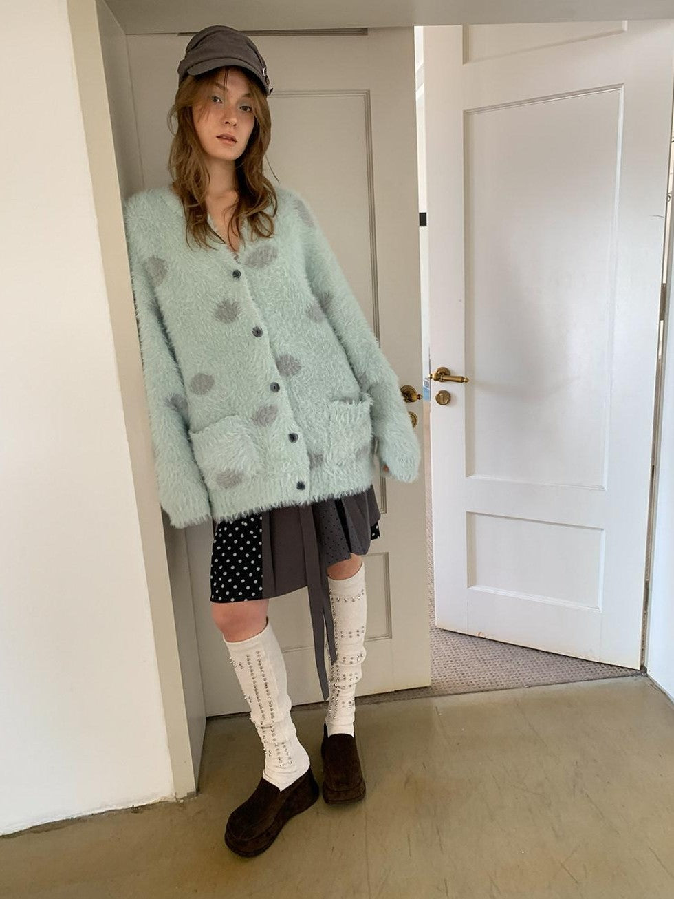 UNIVERSE Mint Green Polka Dot Faux Mink Soft Loose Knit Button Women's Nylon Cardigans