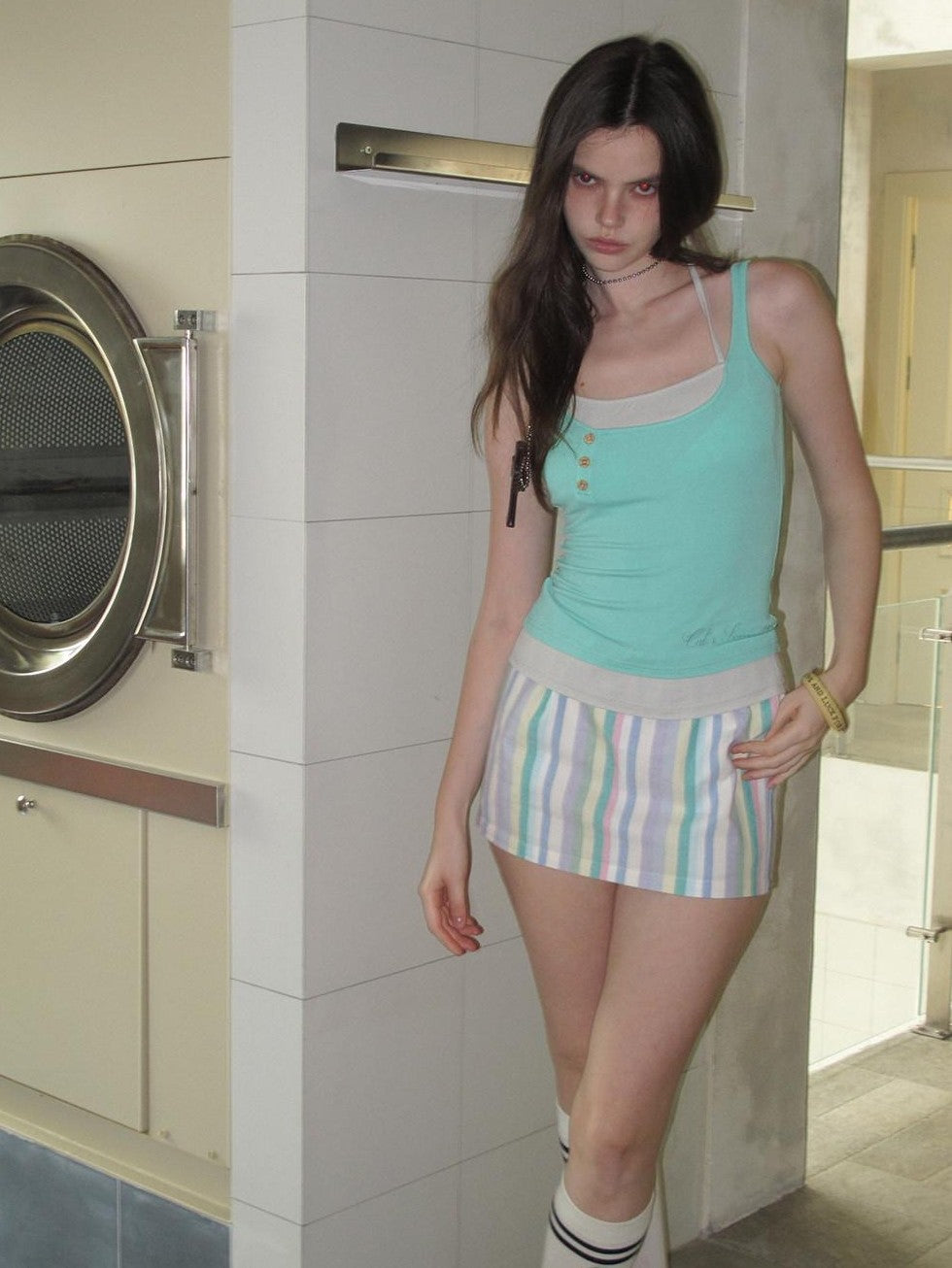 UNIVERSE Mint Printed Faux Layered Button Front Slim Waist Women's Lyocell Tank Tops