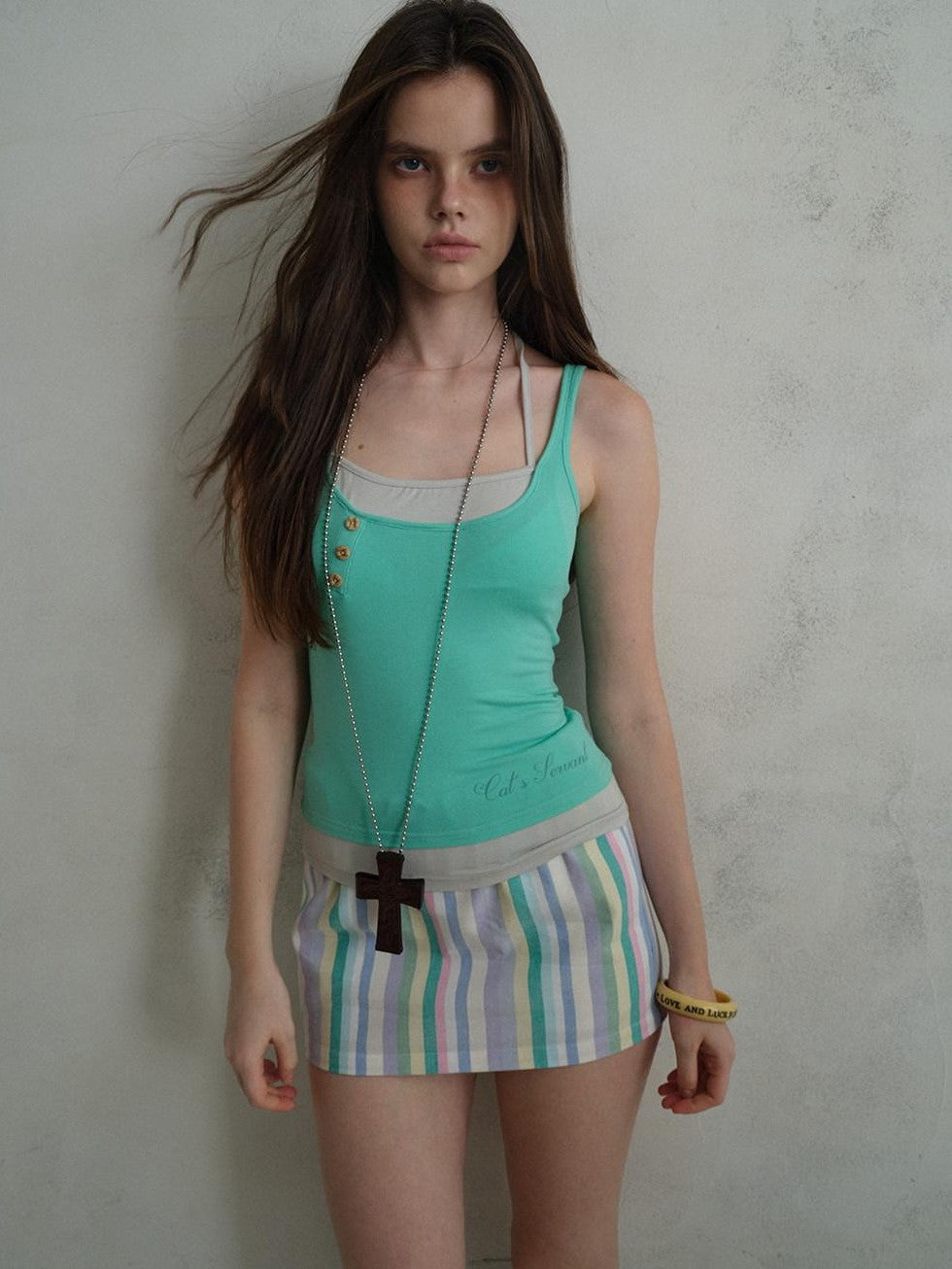 UNIVERSE Mint Printed Faux Layered Button Front Slim Waist Women's Lyocell Tank Tops