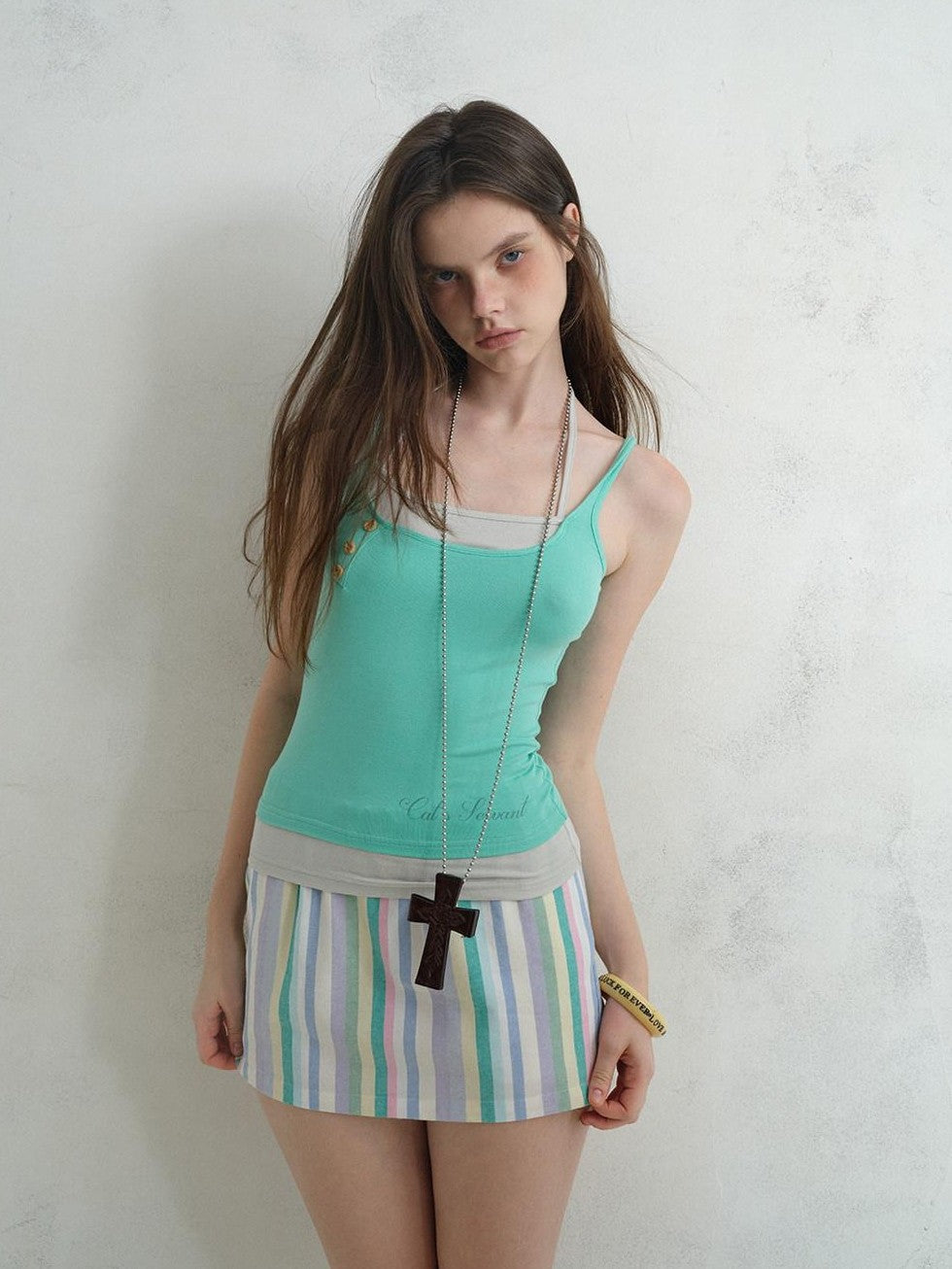 UNIVERSE Mint Printed Faux Layered Button Front Slim Waist Women's Lyocell Tank Tops