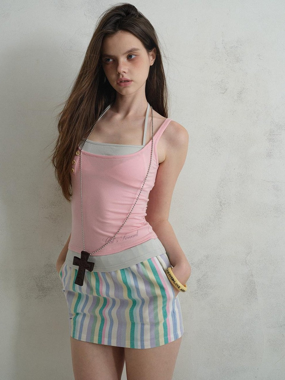 UNIVERSE Mint Printed Faux Layered Button Front Slim Waist Women's Lyocell Tank Tops