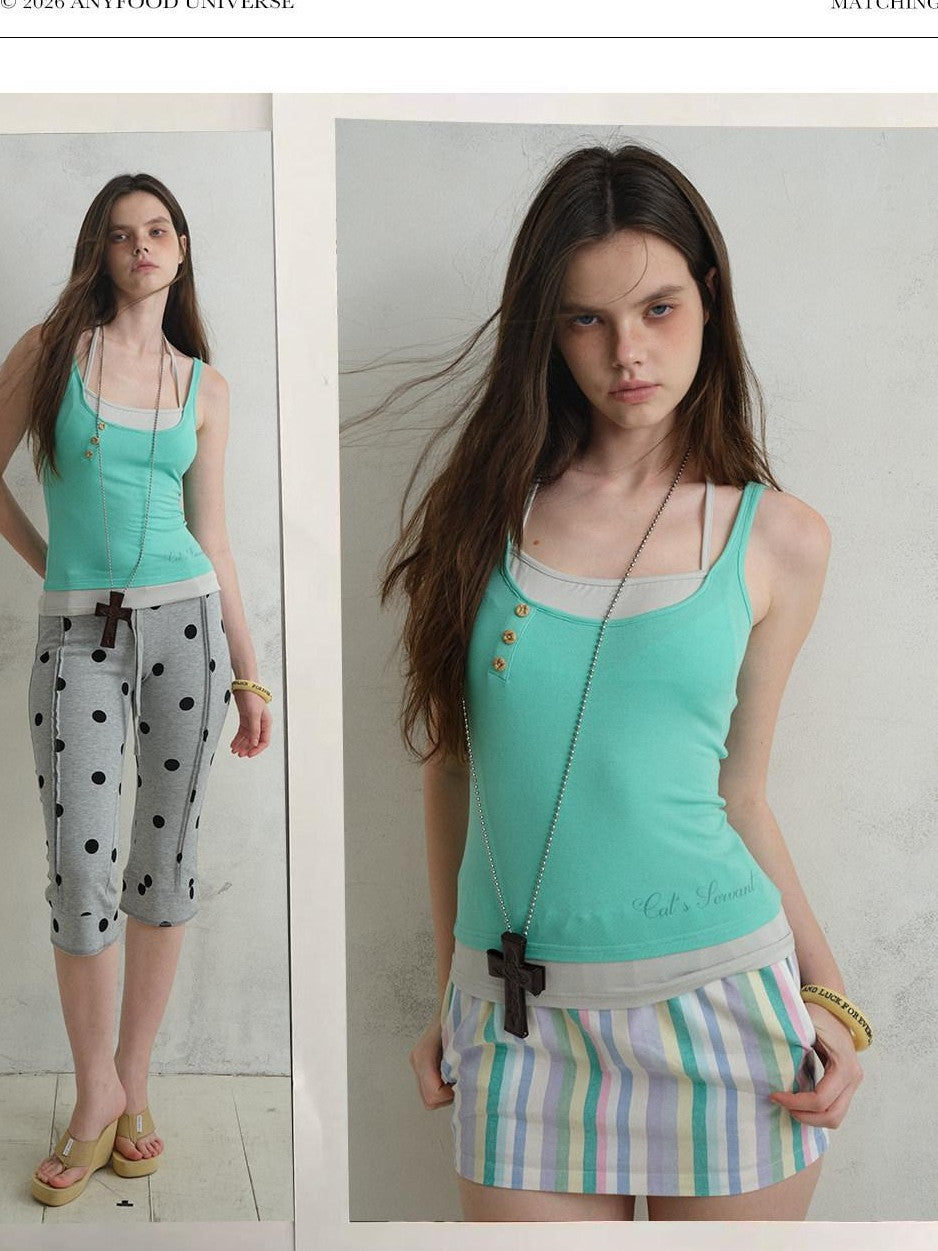 UNIVERSE Mint Printed Faux Layered Button Front Slim Waist Women's Lyocell Tank Tops