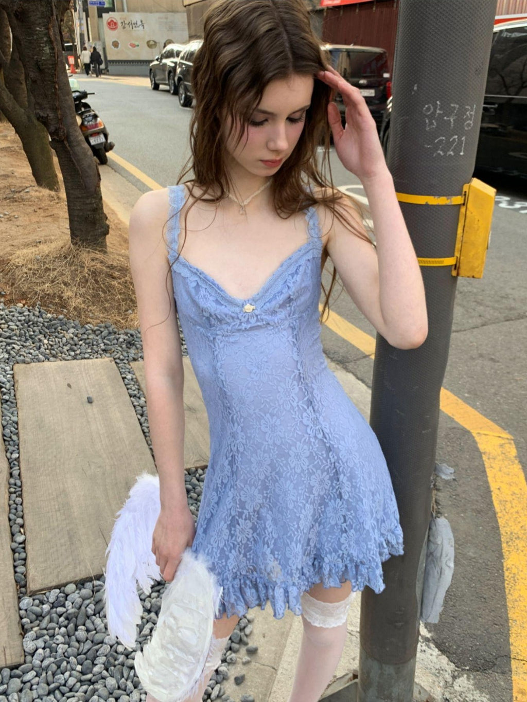 UNIVERSE Mist Blue Lace High Waist Bodycon Strappy Women's Nylon Blend Slip Mini Dresses