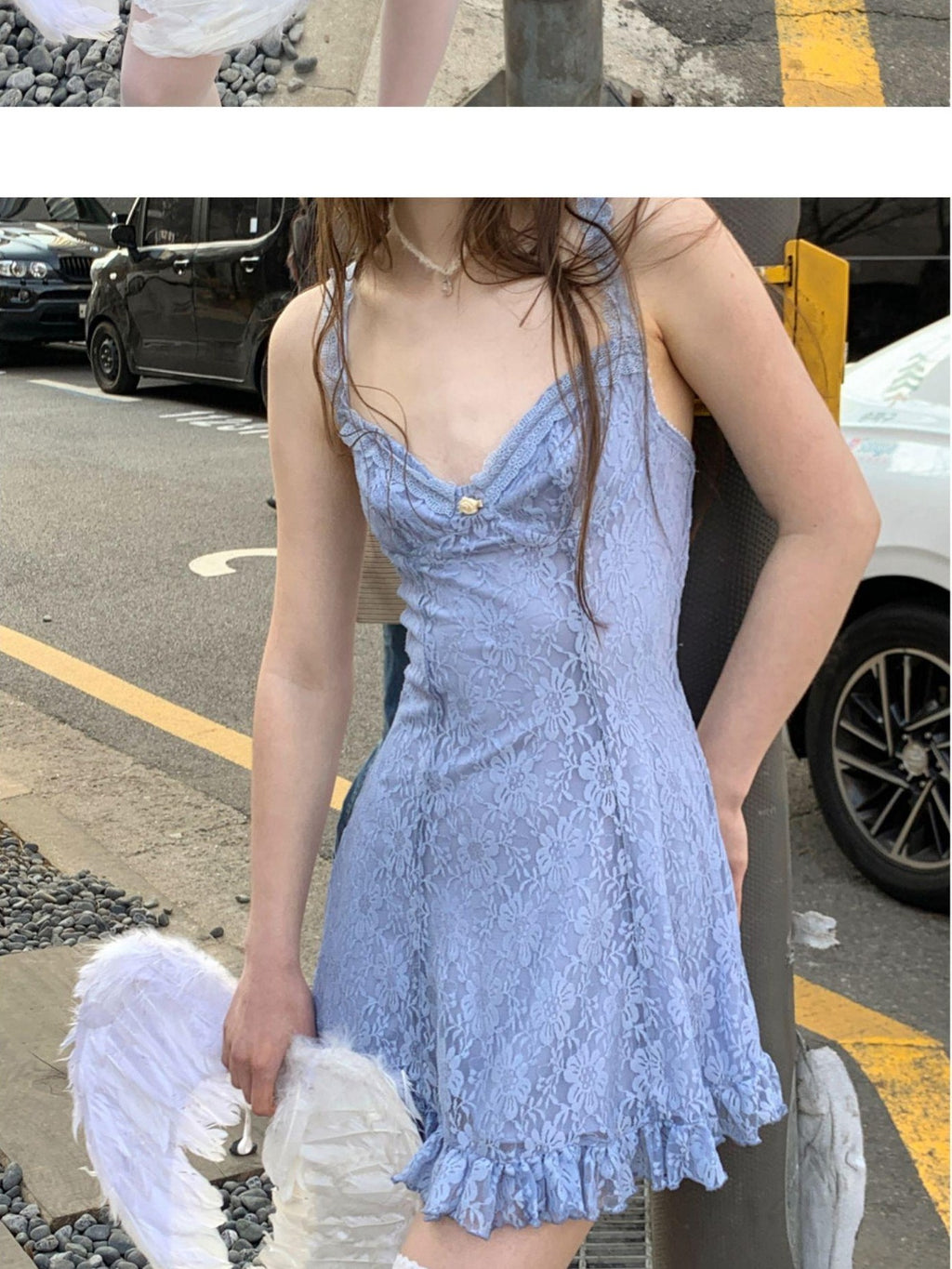 UNIVERSE Mist Blue Lace High Waist Bodycon Strappy Women's Nylon Blend Slip Mini Dresses