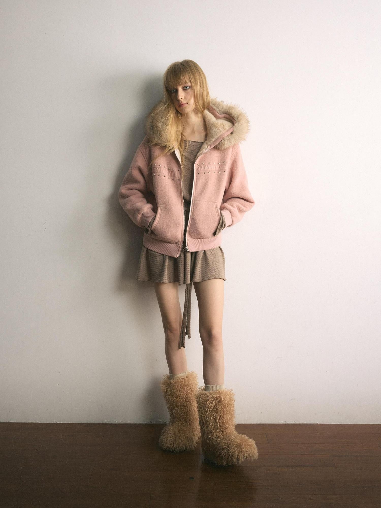 UNIVERSE Mist Pink Ballet Hooded Faux Fur Women's Acrylic Puffer Jackets