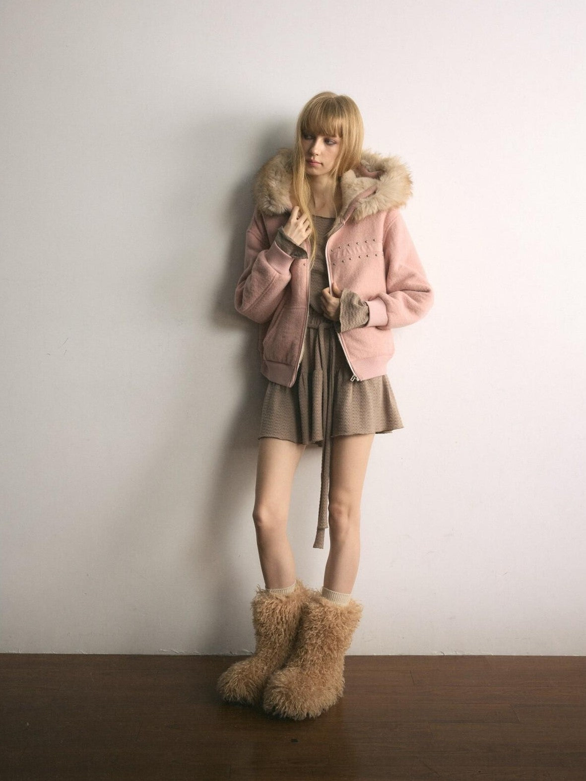 UNIVERSE Mist Pink Ballet Hooded Faux Fur Women's Acrylic Puffer Jackets