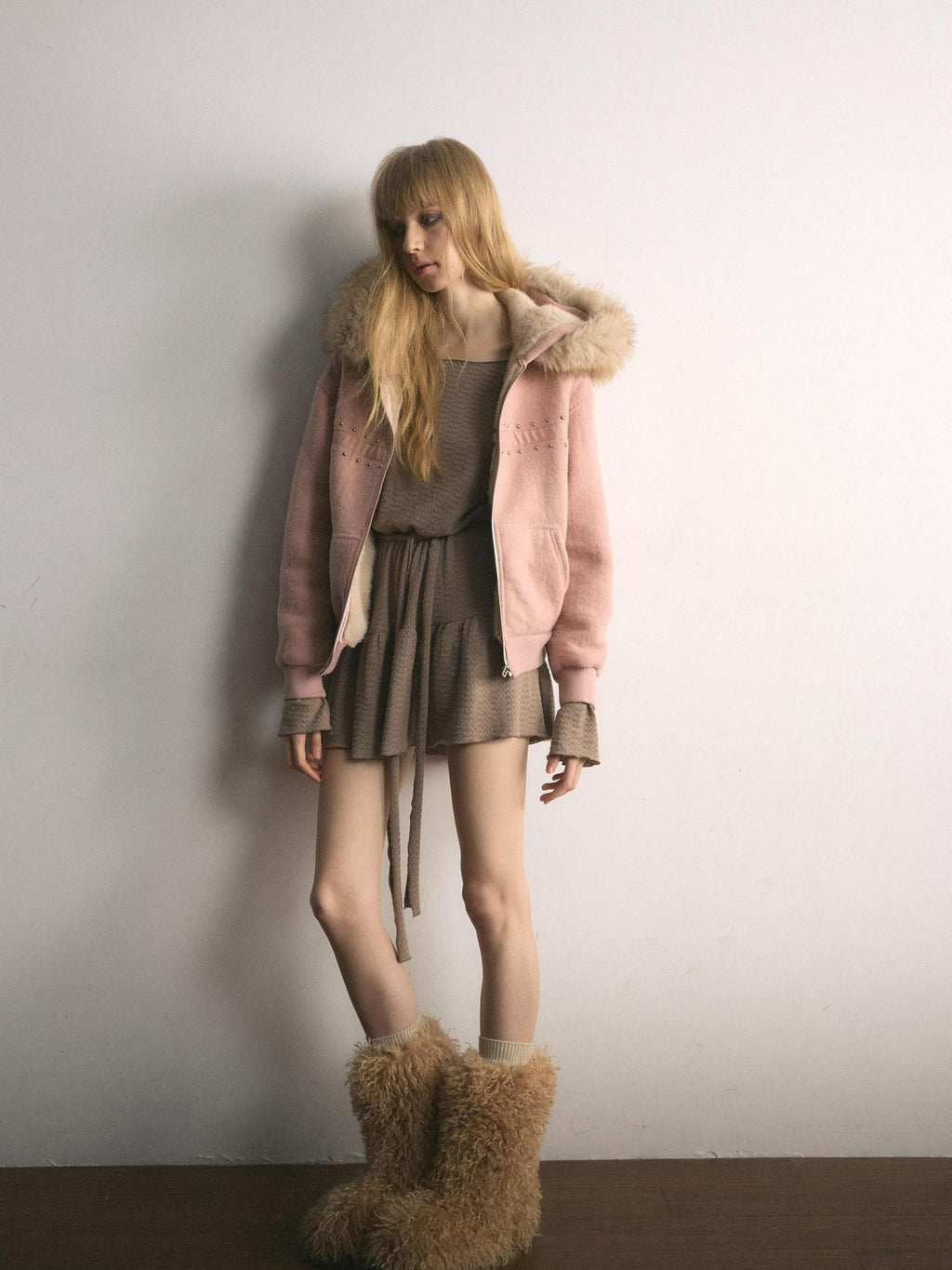 UNIVERSE Mist Pink Ballet Hooded Faux Fur Women's Acrylic Puffer Jackets