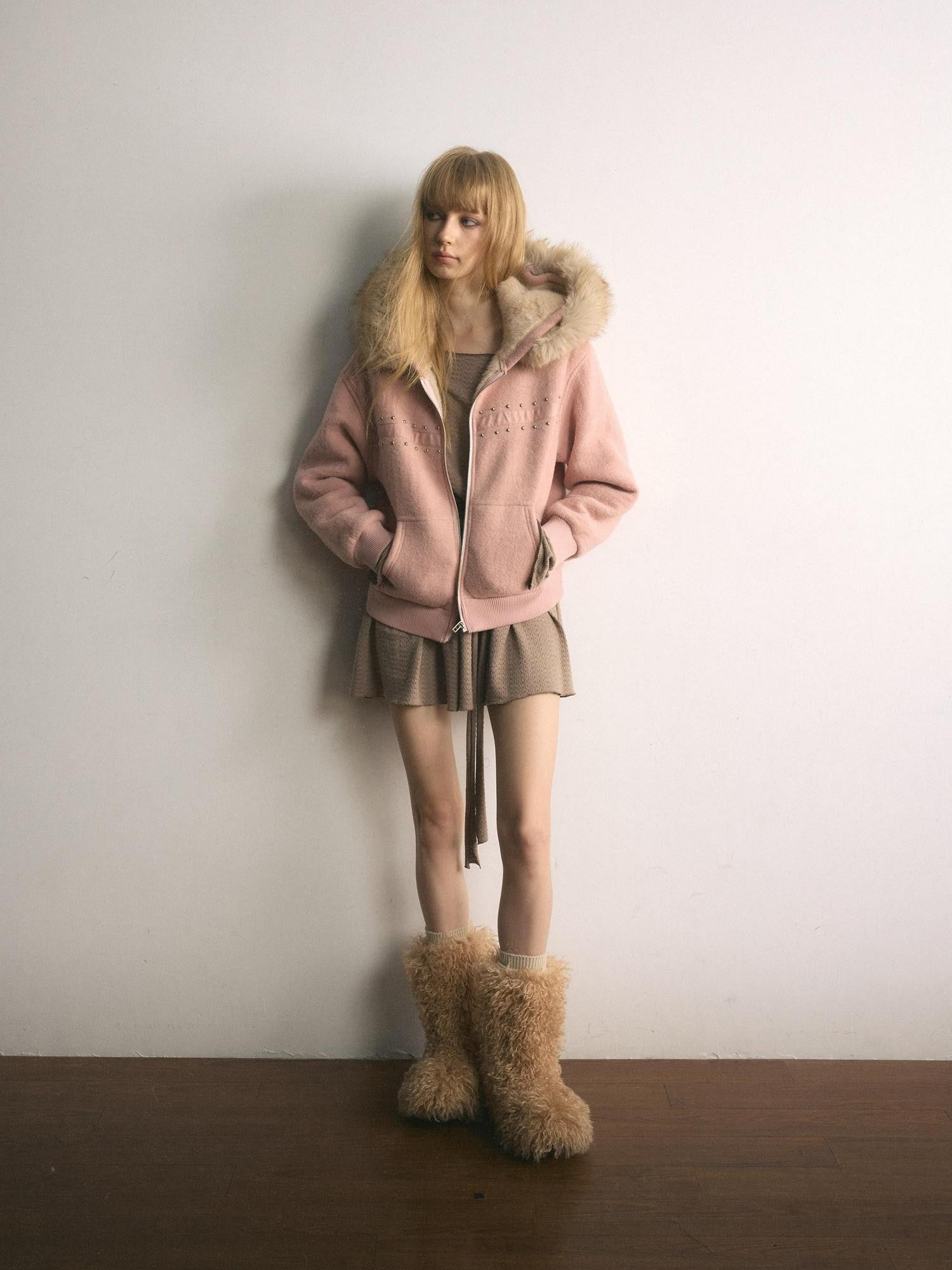 UNIVERSE Mist Pink Ballet Hooded Faux Fur Women's Acrylic Puffer Jackets
