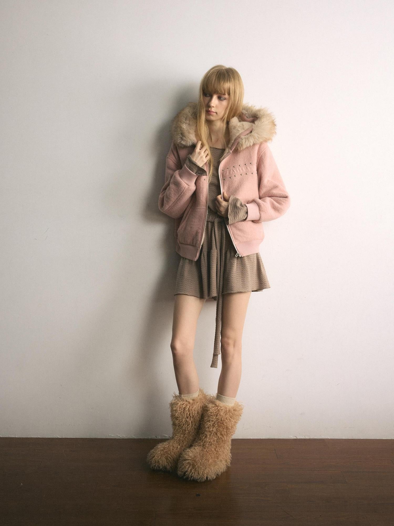 UNIVERSE Mist Pink Ballet Hooded Faux Fur Women's Acrylic Puffer Jackets