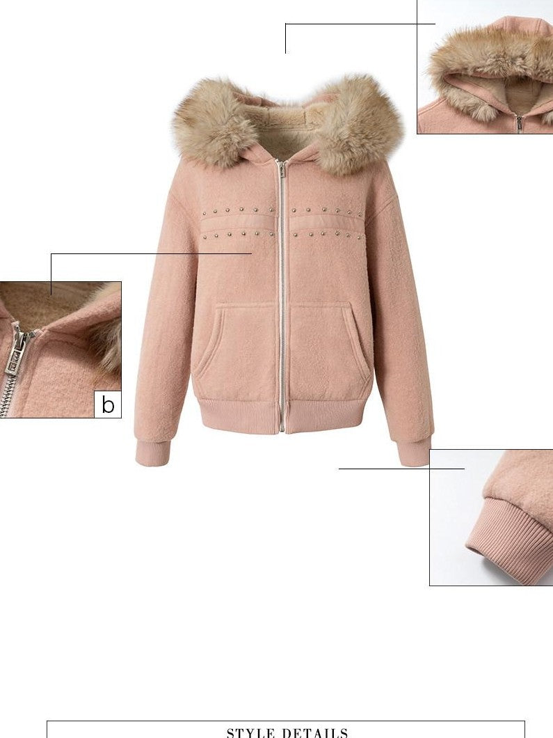 UNIVERSE Mist Pink Ballet Hooded Faux Fur Women's Acrylic Puffer Jackets