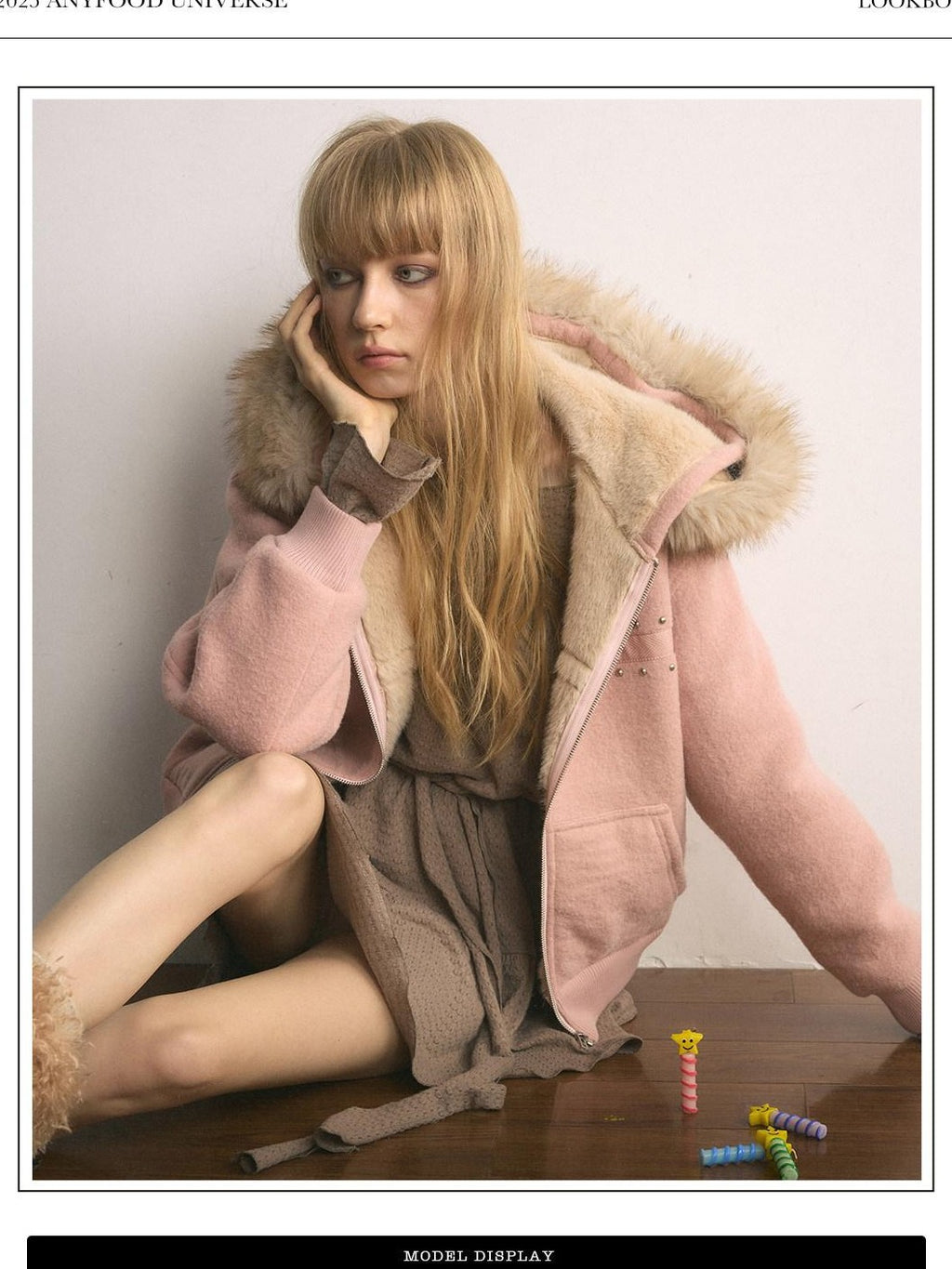 UNIVERSE Mist Pink Ballet Hooded Faux Fur Women's Acrylic Puffer Jackets