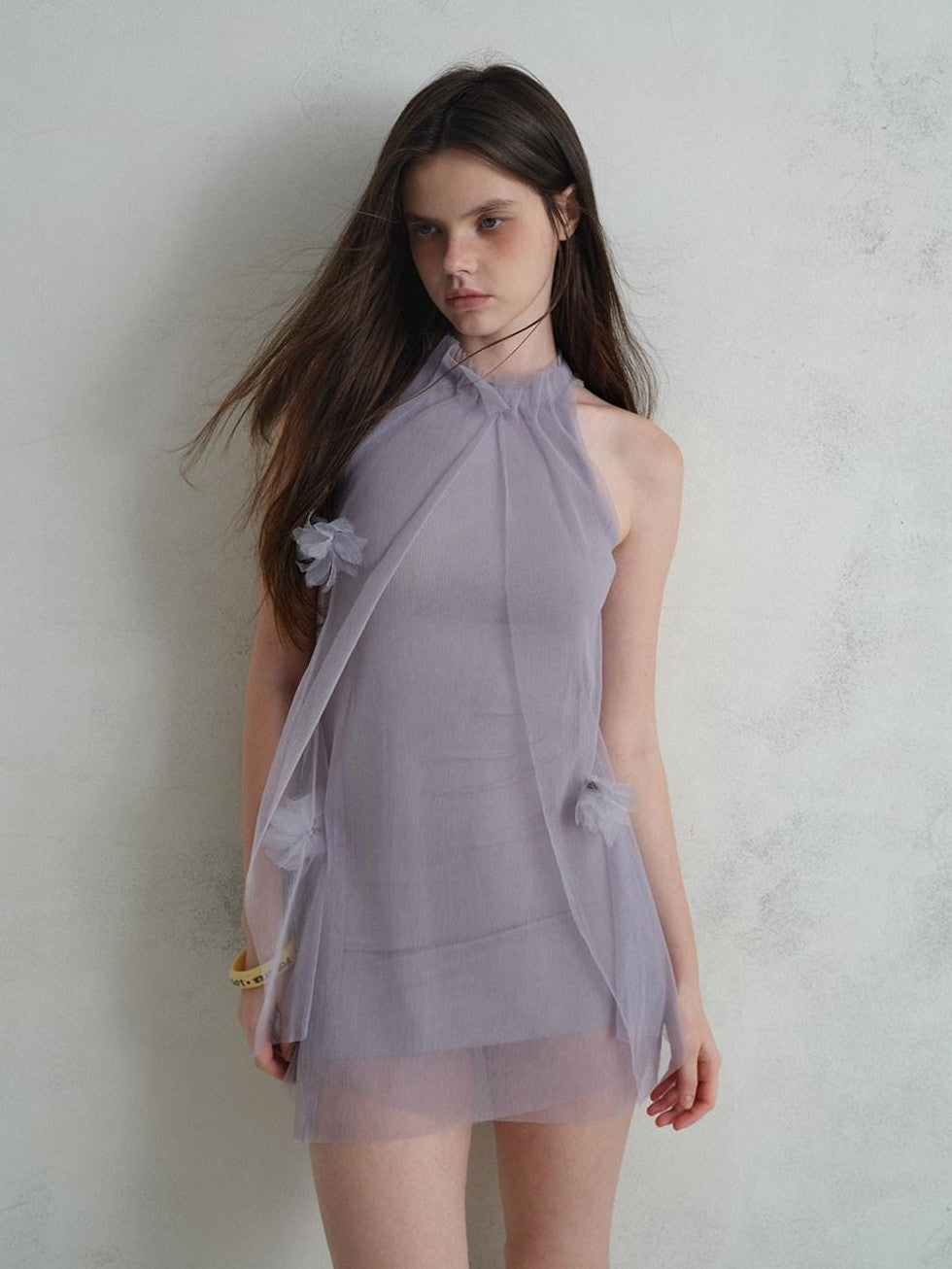 UNIVERSE Misty Purple Airy Tulle 3d Floral Sheer Women's Polyester Halter Mini Dresses