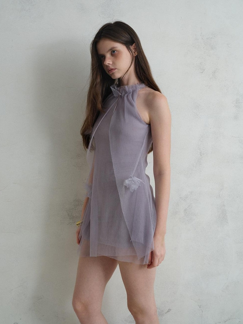 UNIVERSE Misty Purple Airy Tulle 3d Floral Sheer Women's Polyester Halter Mini Dresses