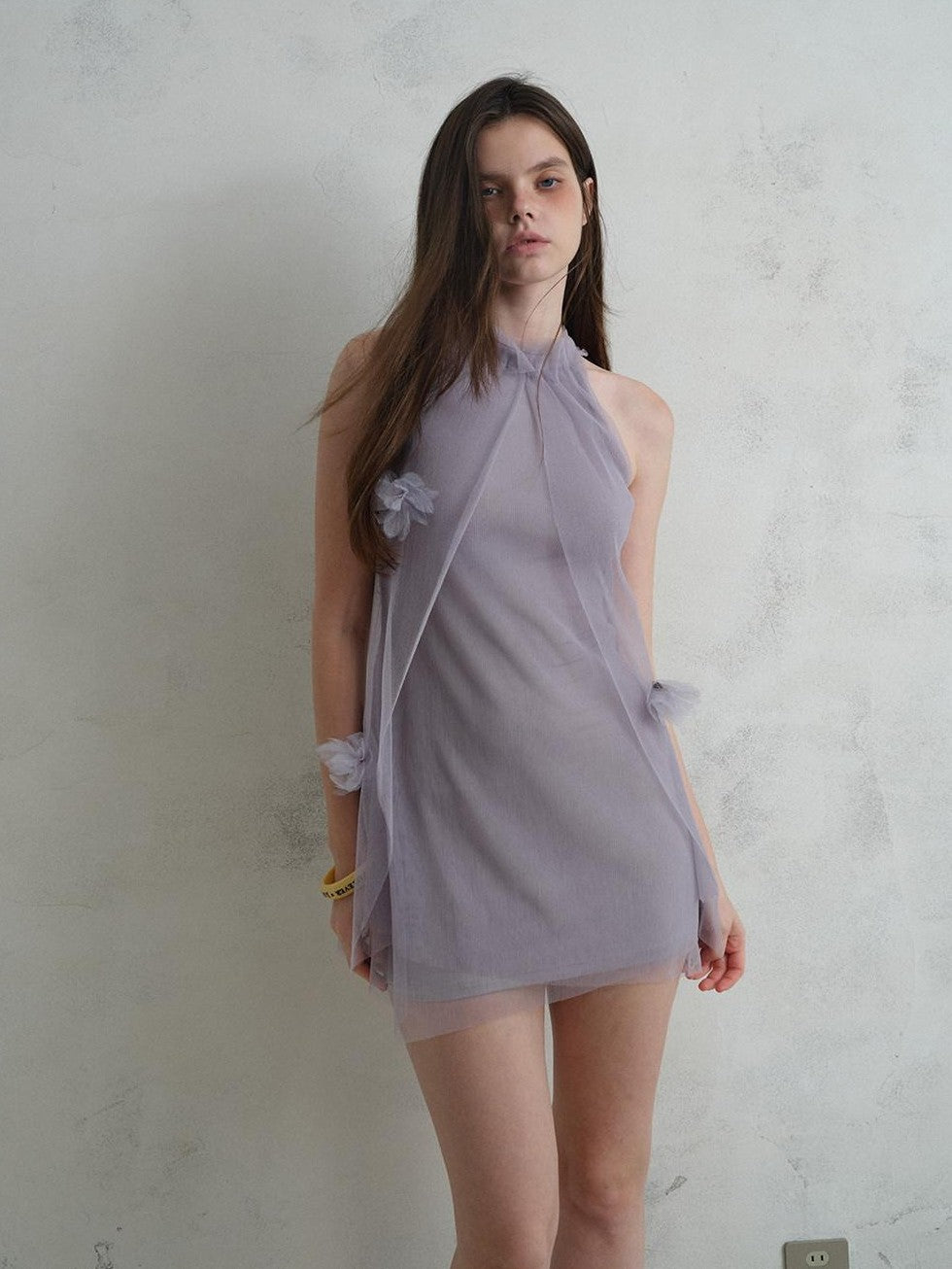 UNIVERSE Misty Purple Airy Tulle 3d Floral Sheer Women's Polyester Halter Mini Dresses