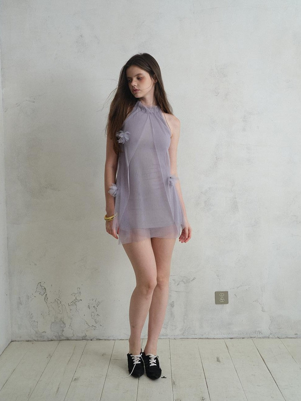 UNIVERSE Misty Purple Airy Tulle 3d Floral Sheer Women's Polyester Halter Mini Dresses