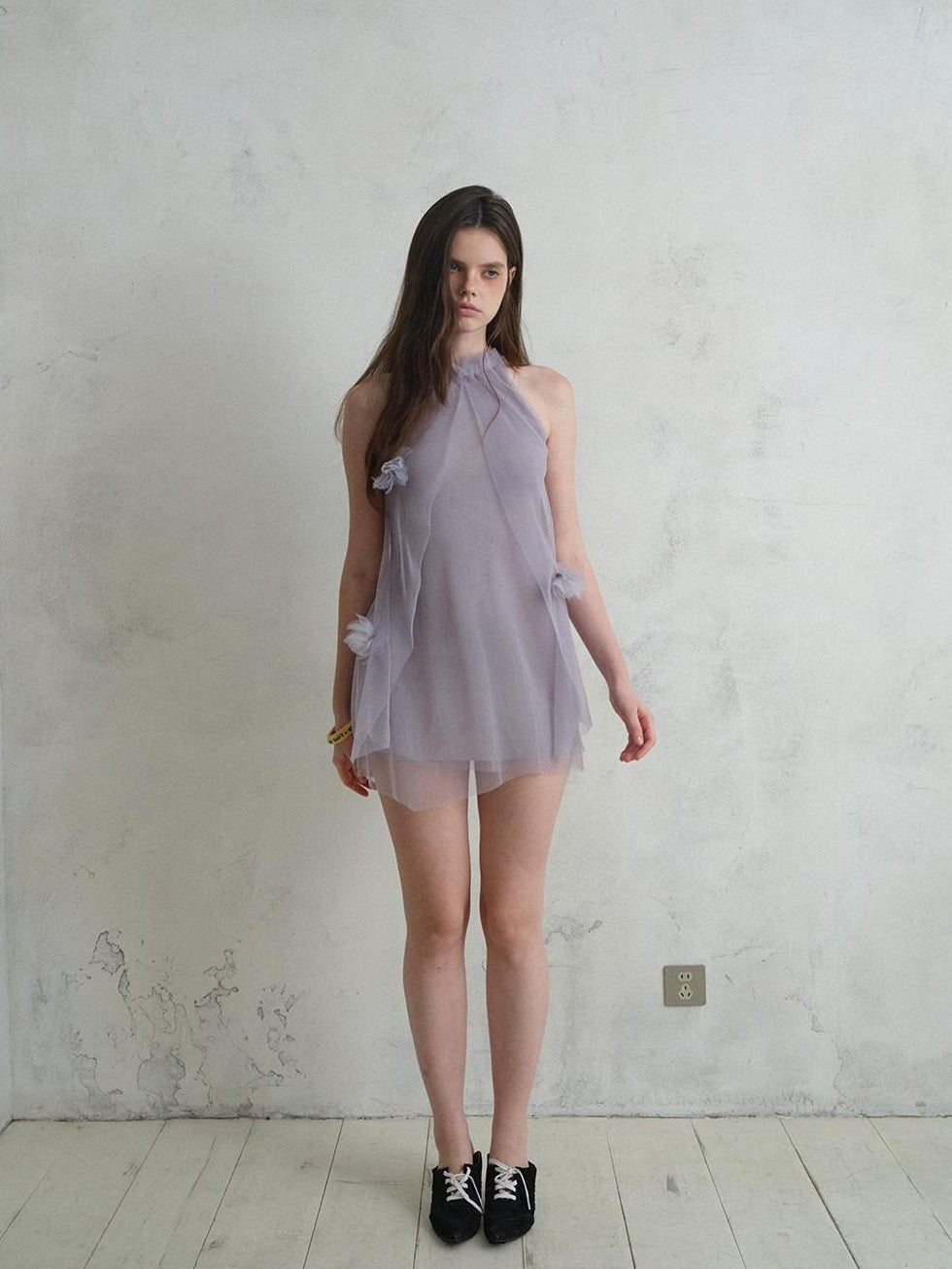 UNIVERSE Misty Purple Airy Tulle 3d Floral Sheer Women's Polyester Halter Mini Dresses