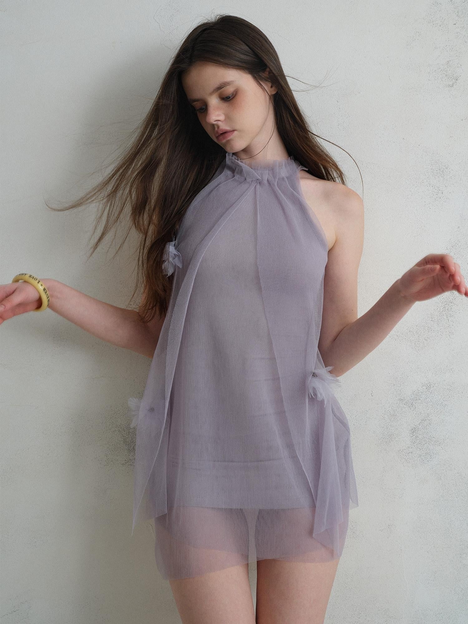 UNIVERSE Misty Purple Airy Tulle 3d Floral Sheer Women's Polyester Halter Mini Dresses