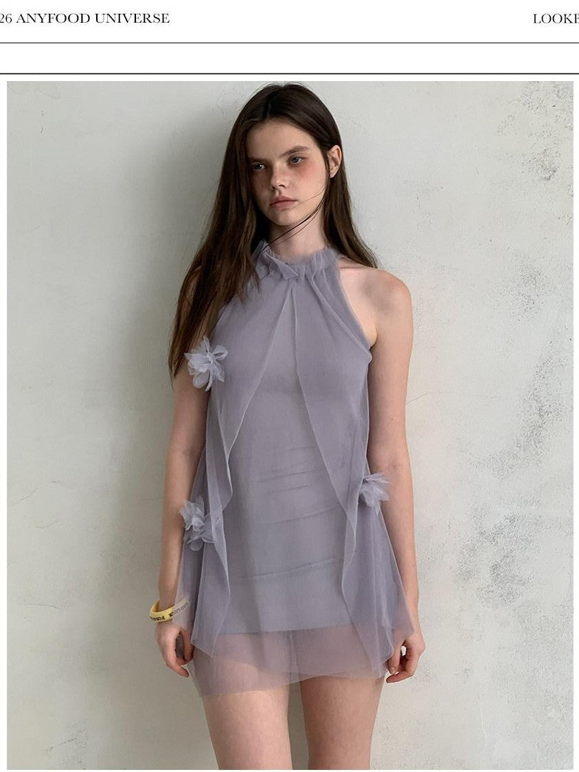 UNIVERSE Misty Purple Airy Tulle 3d Floral Sheer Women's Polyester Halter Mini Dresses