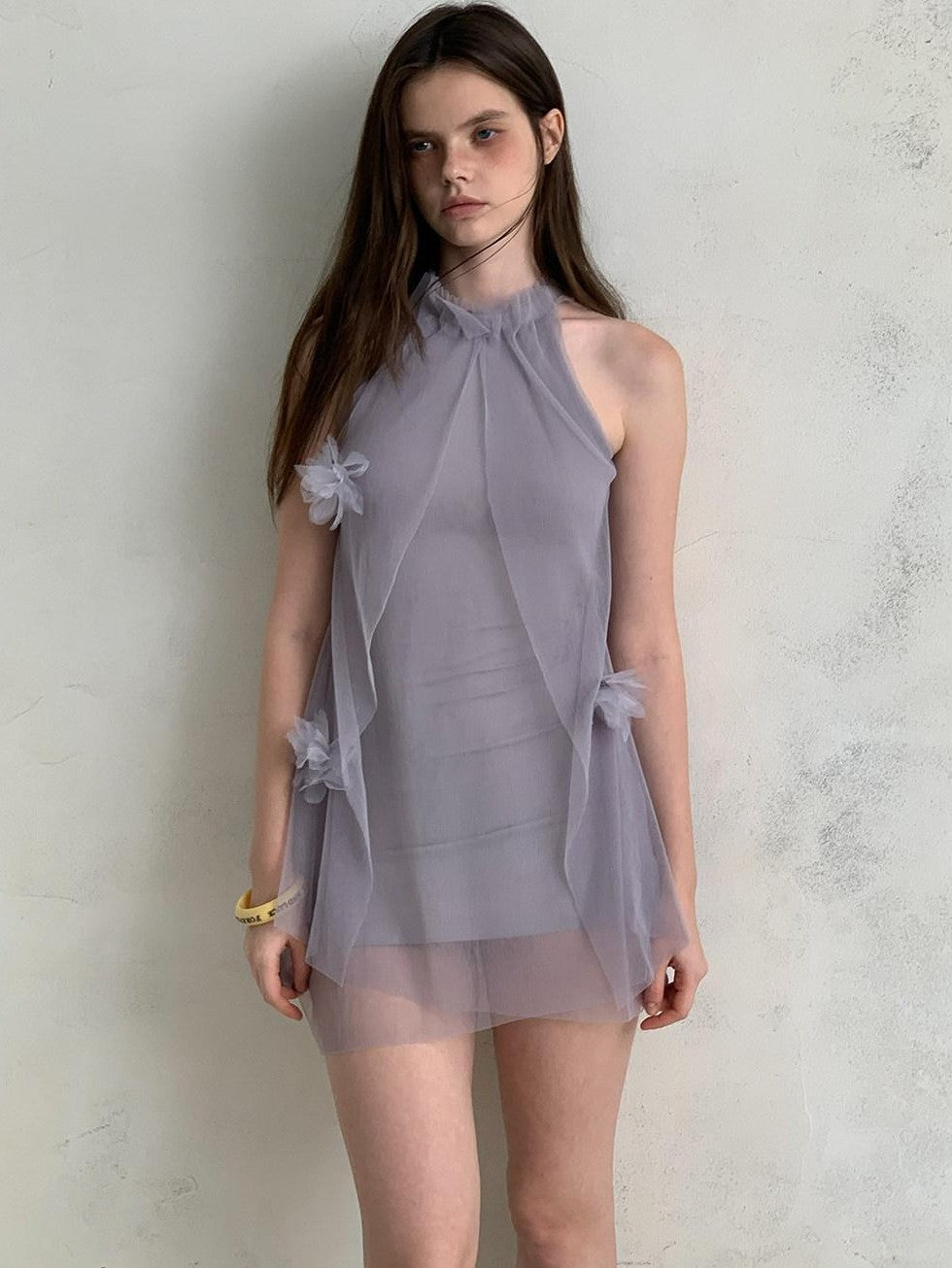 UNIVERSE Misty Purple Airy Tulle 3d Floral Sheer Women's Polyester Halter Mini Dresses