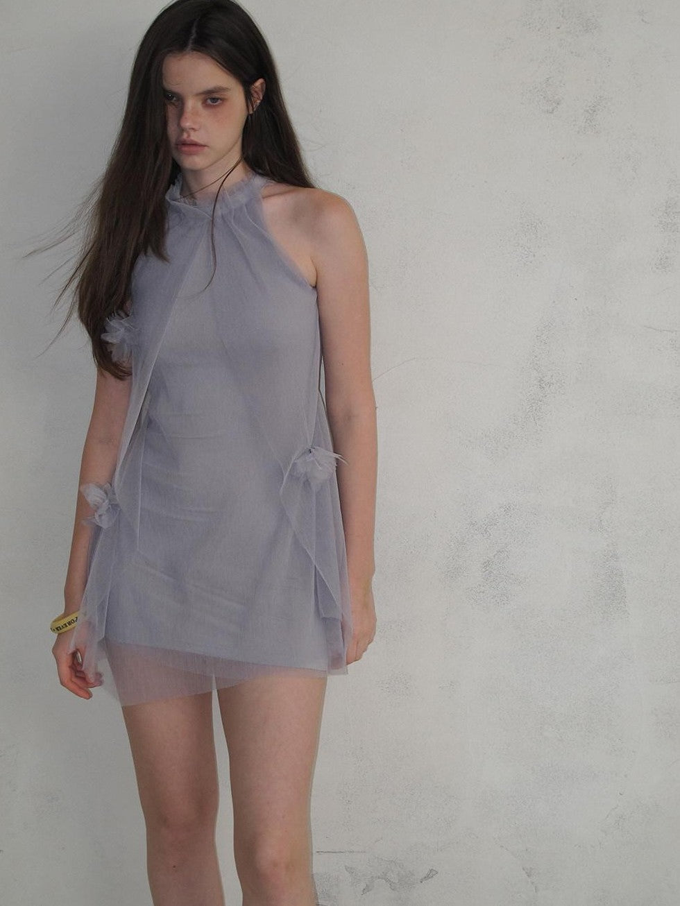 UNIVERSE Misty Purple Airy Tulle 3d Floral Sheer Women's Polyester Halter Mini Dresses
