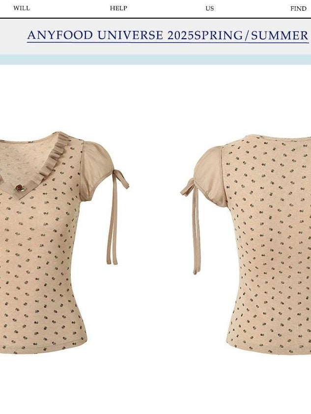 UNIVERSE Mocha Vintage Floral Cross V-neck Women's Viscose Blend Short Sleeve T-shirts