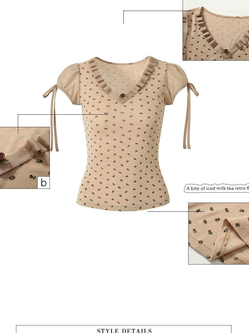 UNIVERSE Mocha Vintage Floral Cross V-neck Women's Viscose Blend Short Sleeve T-shirts