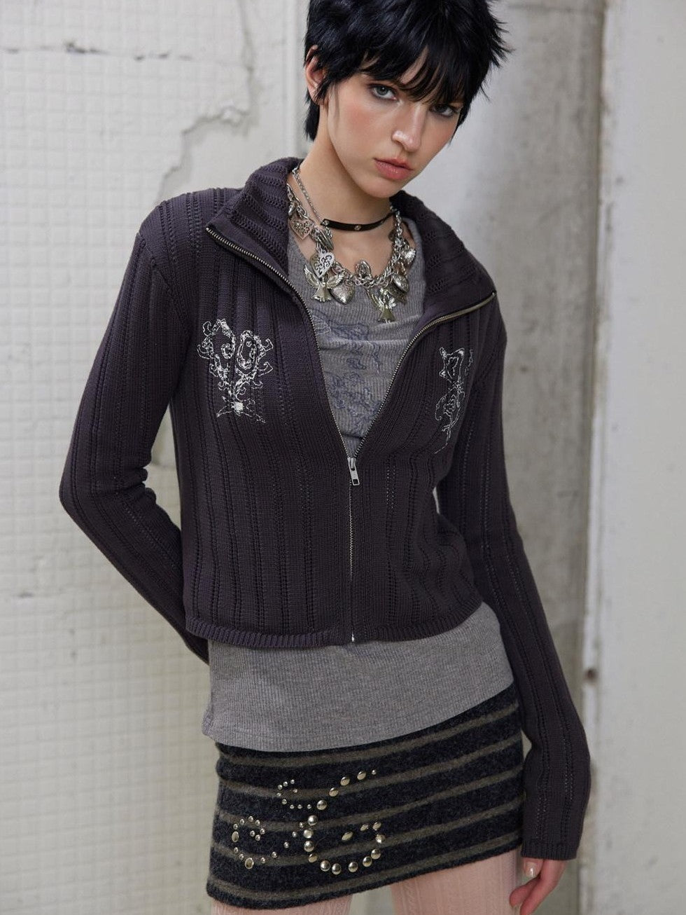UNIVERSE Moon Mist Gray Printed Cropped Turn Down Collar Women's Cotton Knit Cardigans