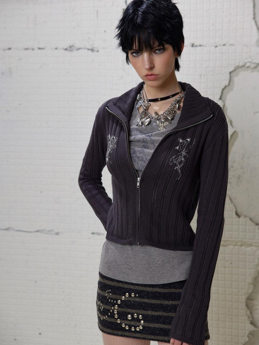 UNIVERSE Moon Mist Gray Printed Cropped Turn Down Collar Women's Cotton Knit Cardigans