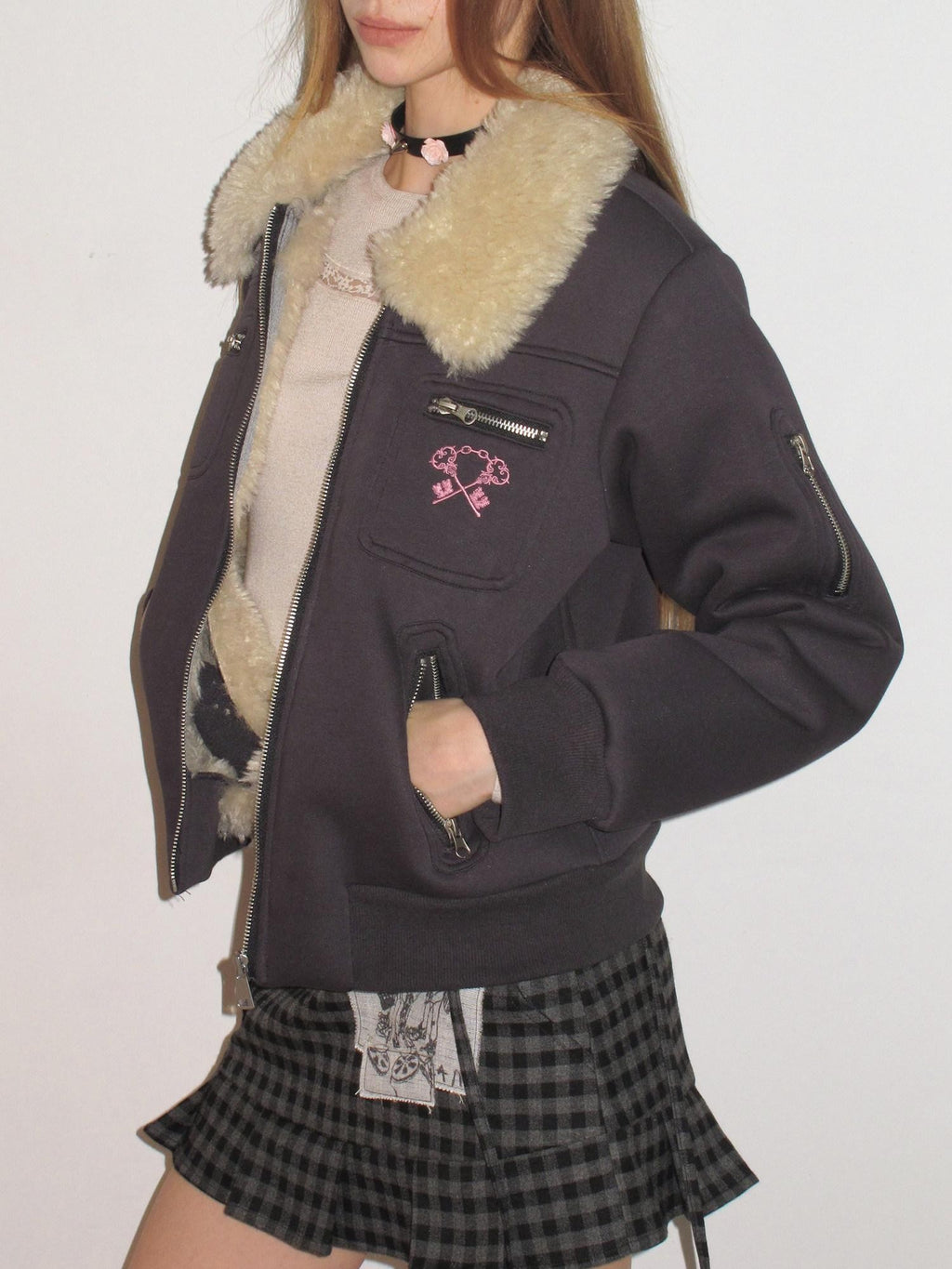 UNIVERSE Navy Preppy Embroidered Badge Faux Fur Collegiate Women's Cotton Puffer Jackets