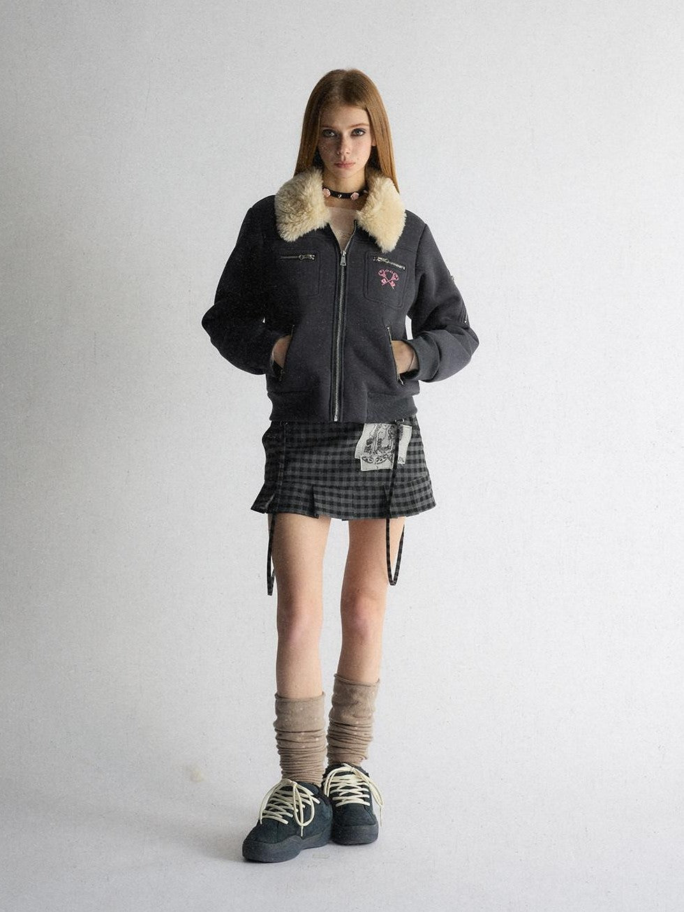 UNIVERSE Navy Preppy Embroidered Badge Faux Fur Collegiate Women's Cotton Puffer Jackets