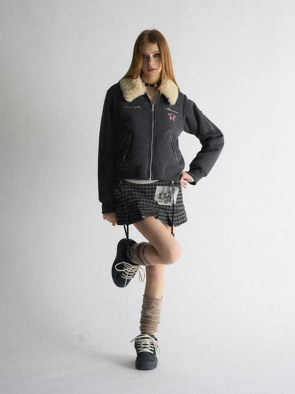 UNIVERSE Navy Preppy Embroidered Badge Faux Fur Collegiate Women's Cotton Puffer Jackets