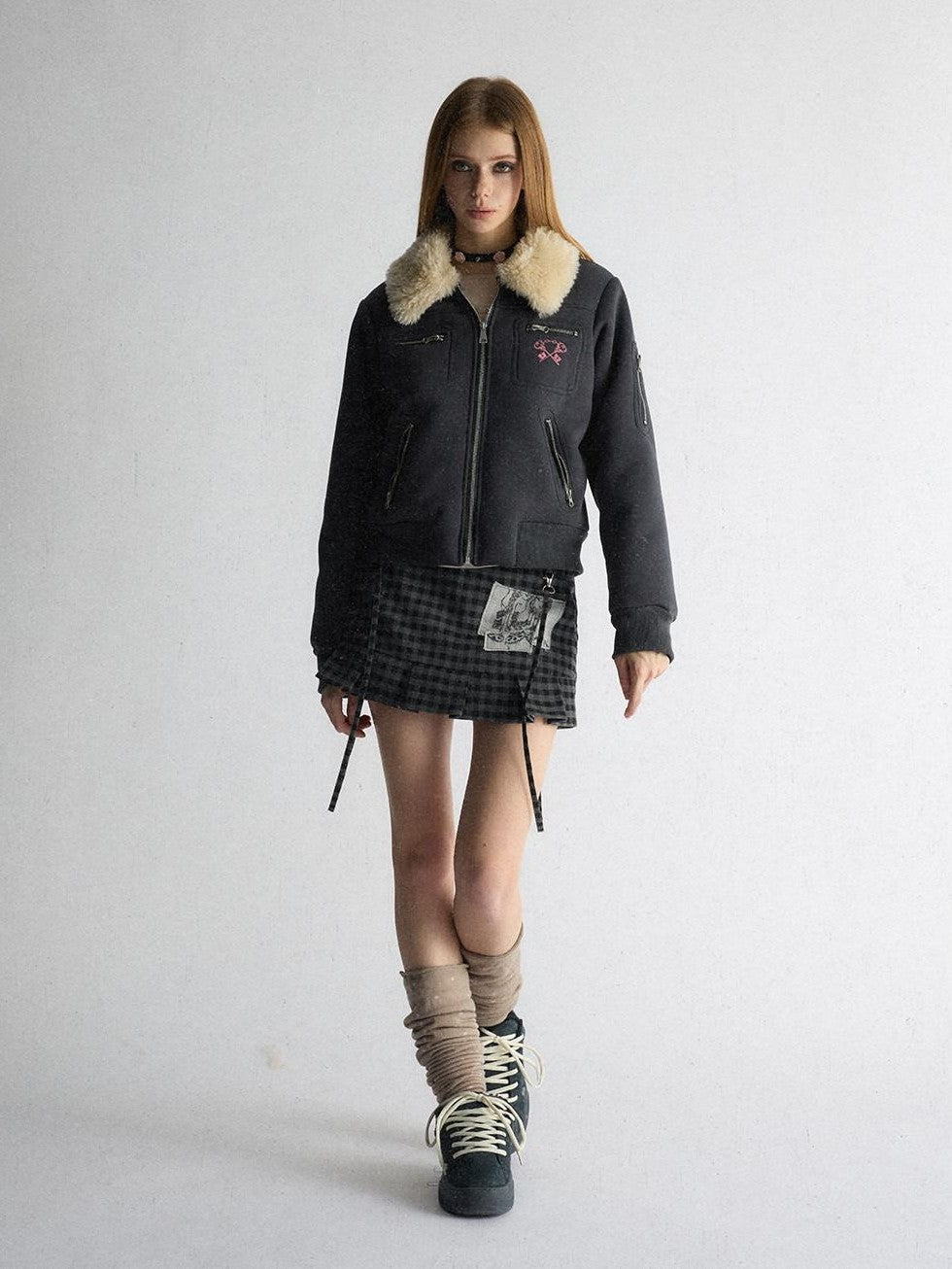 UNIVERSE Navy Preppy Embroidered Badge Faux Fur Collegiate Women's Cotton Puffer Jackets