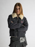 UNIVERSE Navy Preppy Embroidered Badge Faux Fur Collegiate Women's Cotton Puffer Jackets