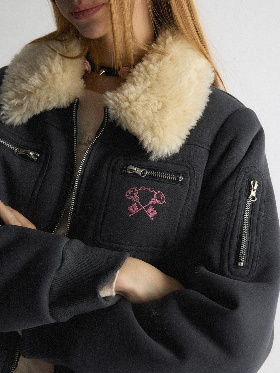 UNIVERSE Navy Preppy Embroidered Badge Faux Fur Collegiate Women's Cotton Puffer Jackets