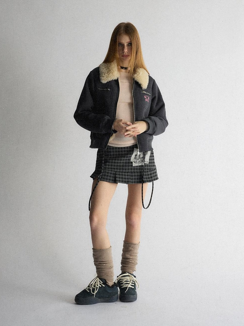 UNIVERSE Navy Preppy Embroidered Badge Faux Fur Collegiate Women's Cotton Puffer Jackets
