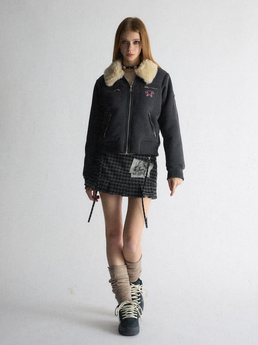 UNIVERSE Navy Preppy Embroidered Badge Faux Fur Collegiate Women's Cotton Puffer Jackets