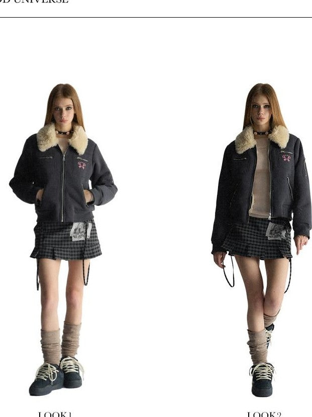 UNIVERSE Navy Preppy Embroidered Badge Faux Fur Collegiate Women's Cotton Puffer Jackets