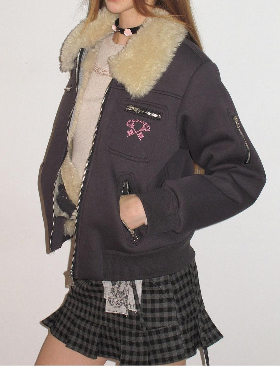 UNIVERSE Navy Preppy Embroidered Badge Faux Fur Collegiate Women's Cotton Puffer Jackets