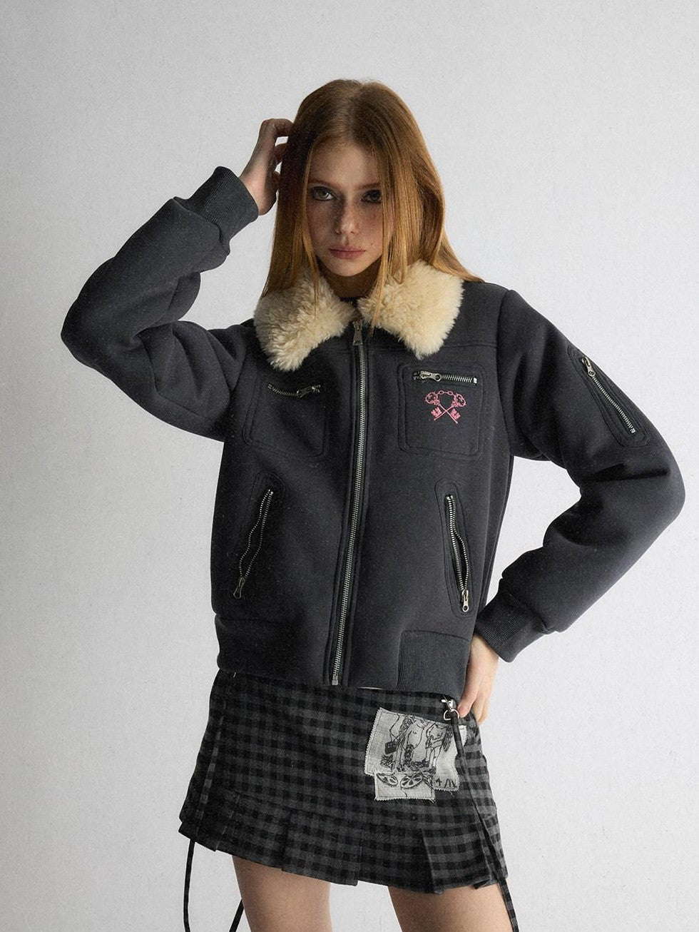 UNIVERSE Navy Preppy Embroidered Badge Faux Fur Collegiate Women's Cotton Puffer Jackets