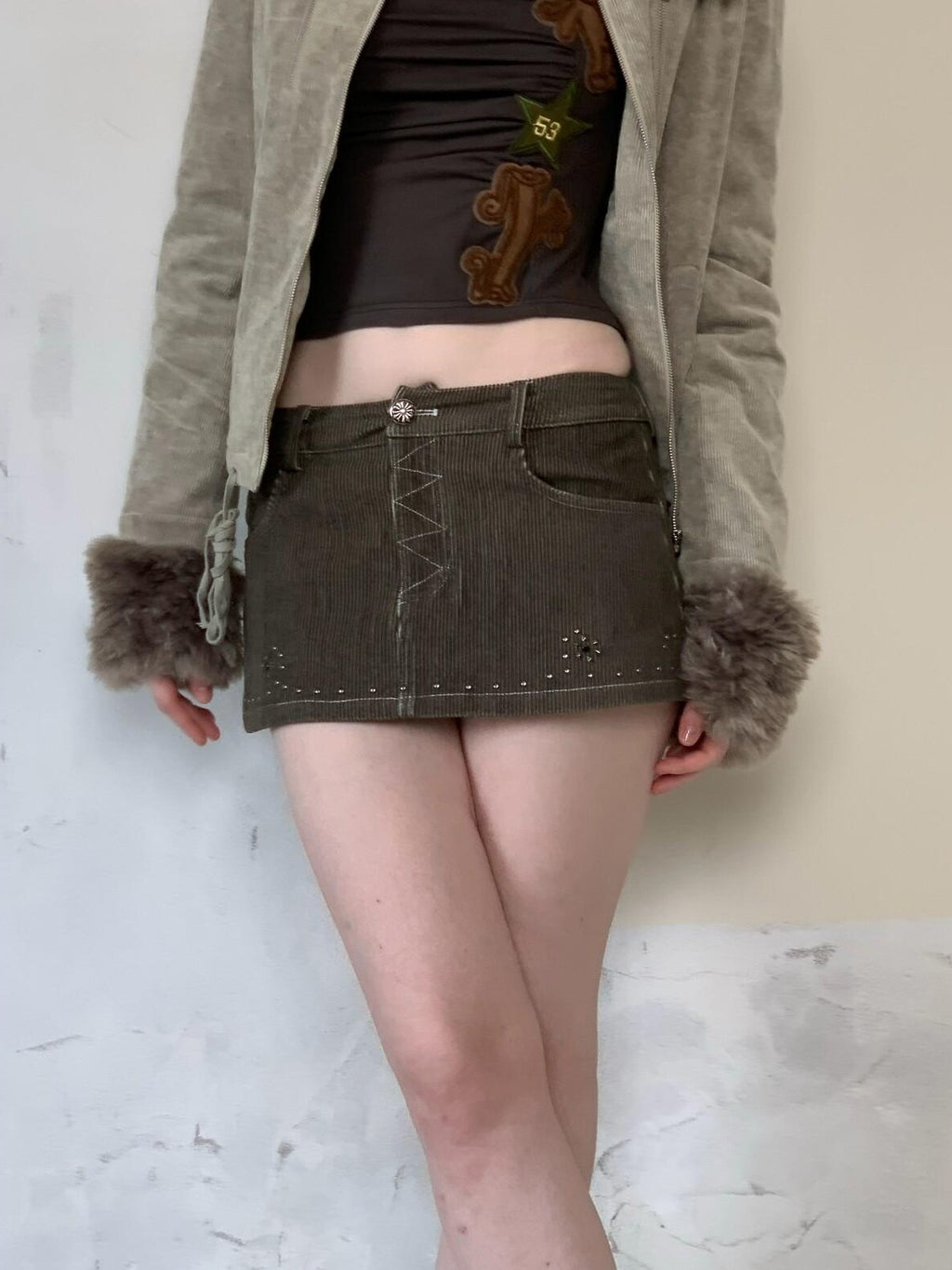 UNIVERSE Olive Green Baroque Rhinestone Bodycon Women's Corduroy Mini Skirts