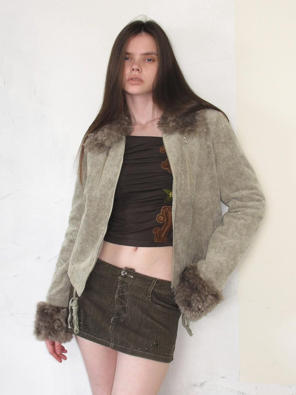 UNIVERSE Olive Green Baroque Rhinestone Bodycon Women's Corduroy Mini Skirts