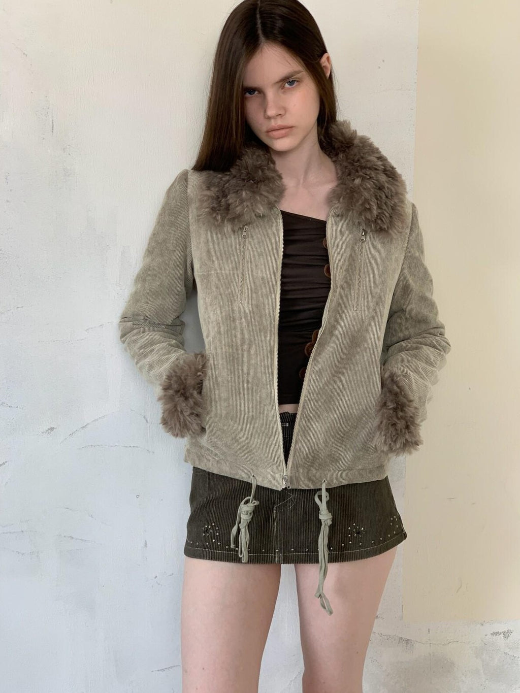 UNIVERSE Olive Green Baroque Rhinestone Bodycon Women's Corduroy Mini Skirts