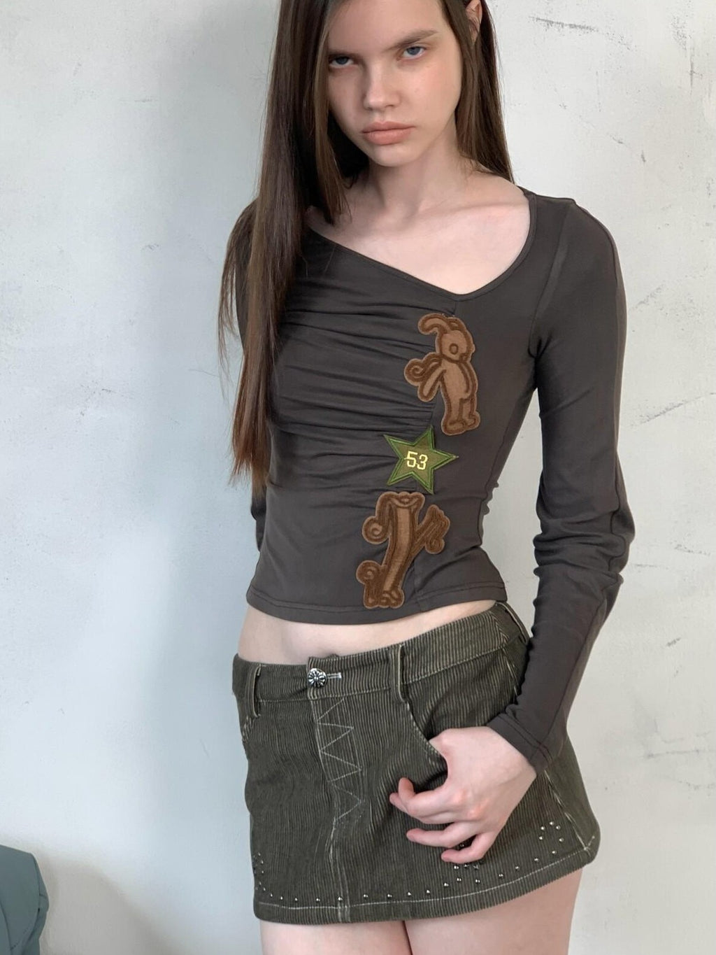 UNIVERSE Olive Green Baroque Rhinestone Bodycon Women's Corduroy Mini Skirts
