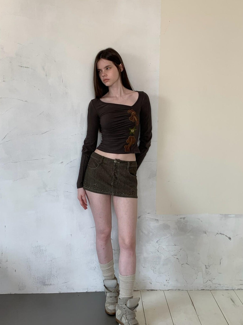 UNIVERSE Olive Green Baroque Rhinestone Bodycon Women's Corduroy Mini Skirts