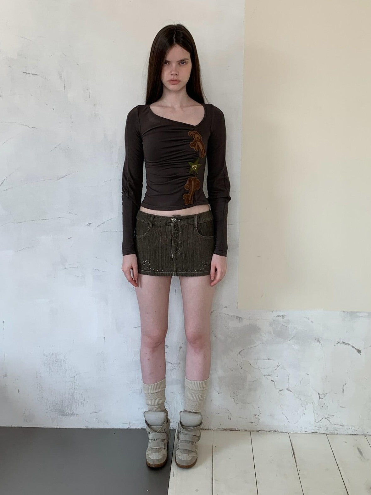 UNIVERSE Olive Green Baroque Rhinestone Bodycon Women's Corduroy Mini Skirts
